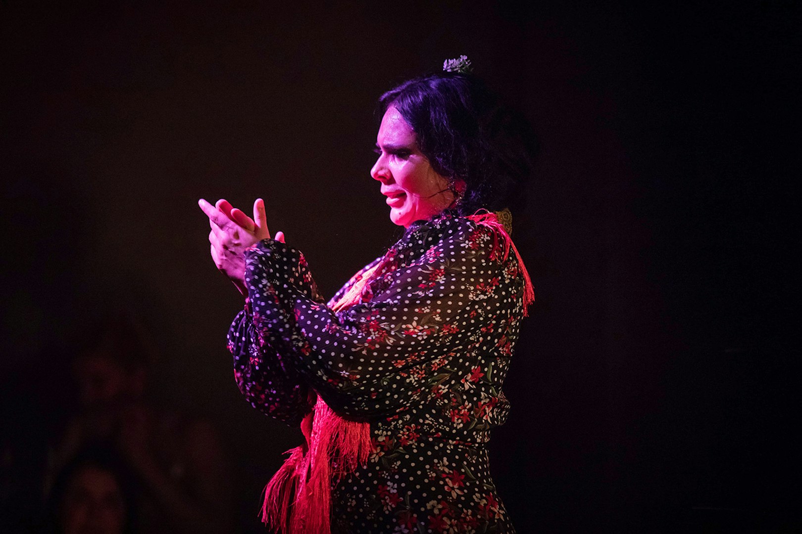Flamenco dancer clapping during Alegría performance.
