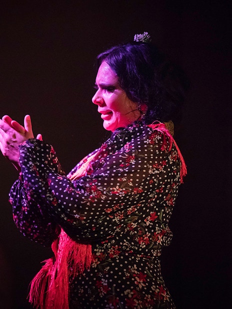 Flamenco dancer clapping during Alegría performance.