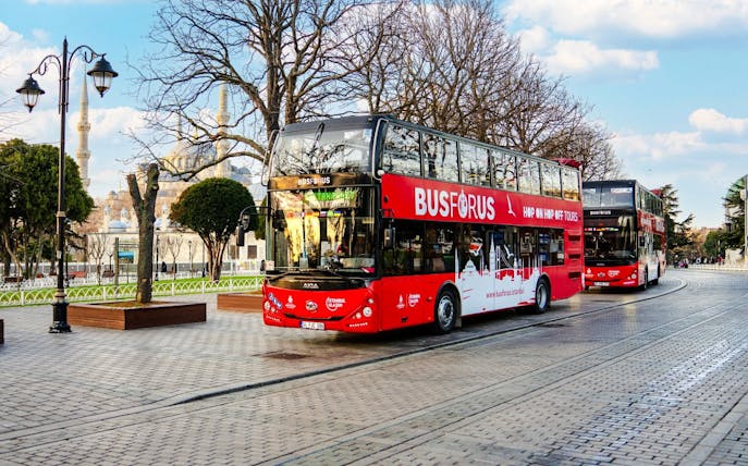 Hop-on hop-off bus near Blue Mosque, Istanbul.