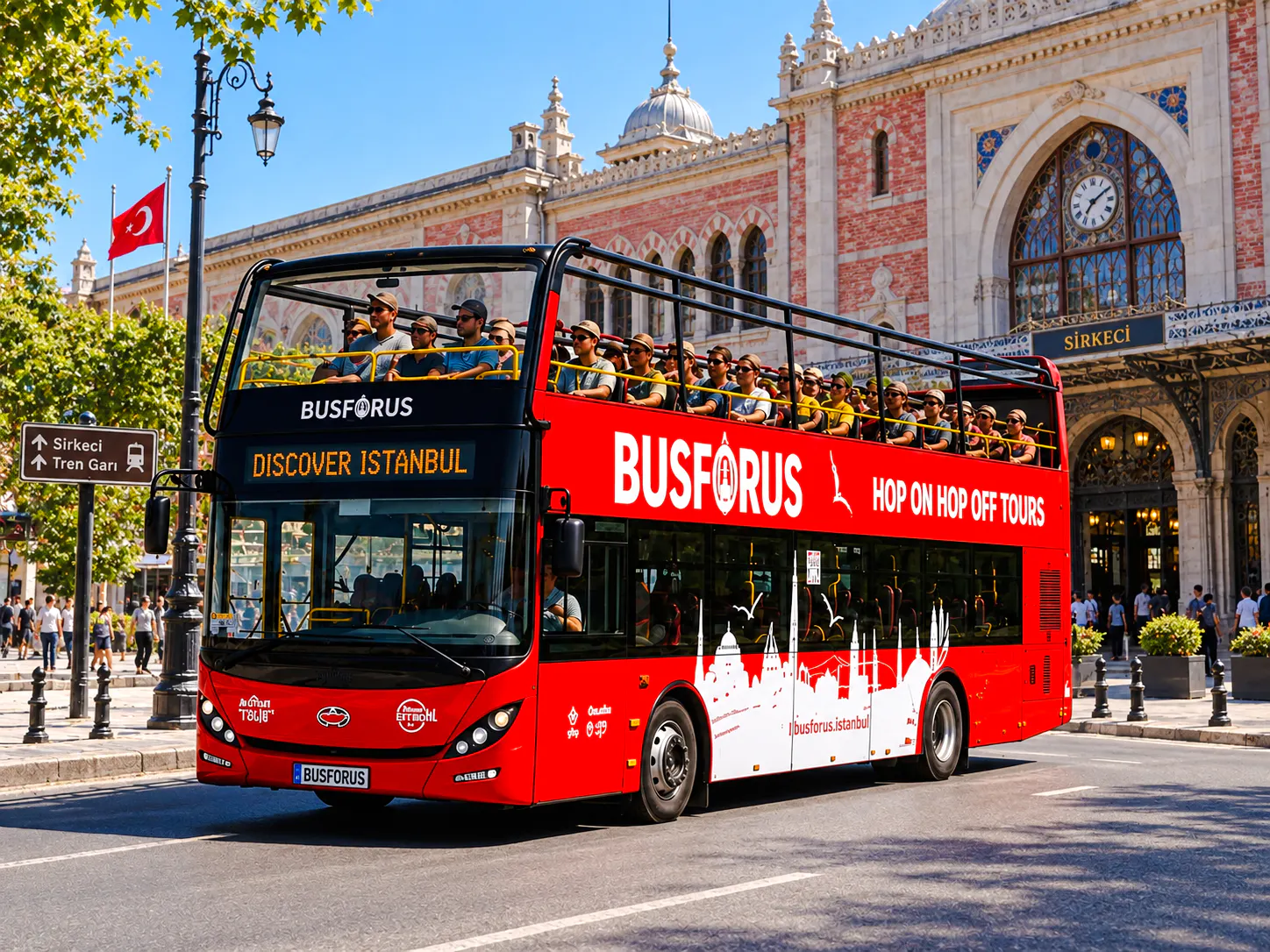 Open-top tour bus in front of Sirkeci Train Station, Istanbul.