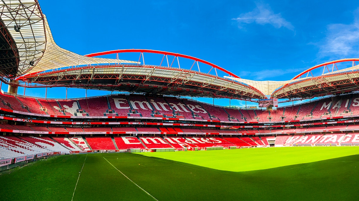 Benfica Stadium exterior with museum entrance in Lisbon, Portugal.
