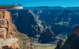 Grand Canyon West Skywalk overlooking canyon during helicopter tour from Las Vegas.