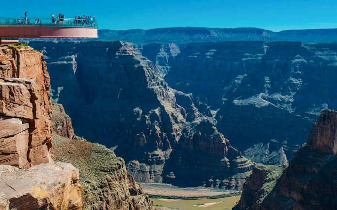 Grand Canyon West Skywalk overlooking canyon during helicopter tour from Las Vegas.