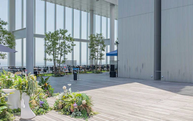 Harukas 300 Observatory deck with seating and greenery, Osaka, Japan.