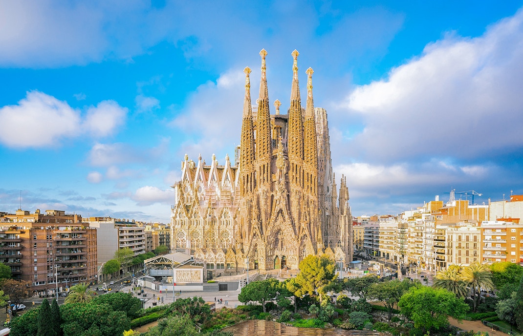 Sagrada Familia exterior view in Barcelona, showcasing intricate architectural details.