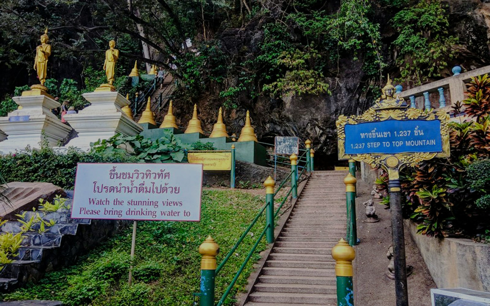 Stairs leading to Tiger Cave Temple in Krabi with golden statues and lush greenery.
