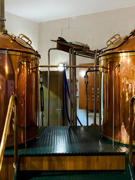 Copper brewing kettles in a brewery tour setting.