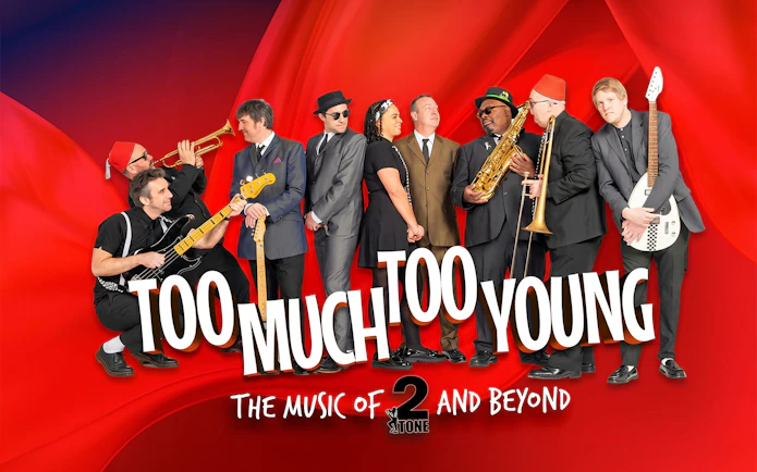 Band performing "Too Much Too Young" with instruments on a red background.