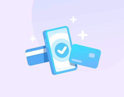 Mobile payment illustration with credit cards and checkmark.