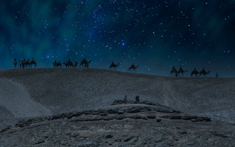 Camel caravan under starry sky in Doha desert safari at night.