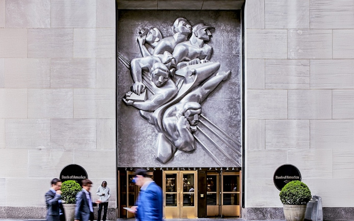 Bas-relief sculpture at Rockefeller Center entrance, New York City.
