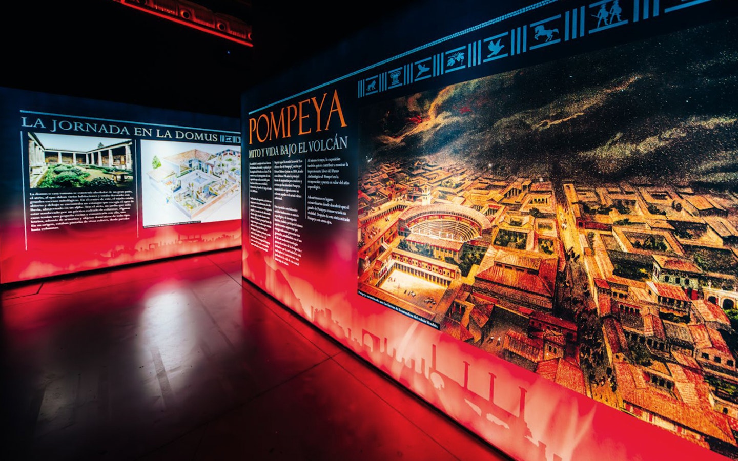 Exhibition panels depicting the last days of Pompeii with historical text and illustrations.