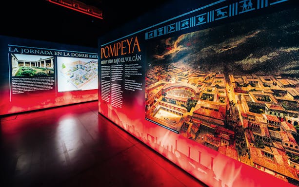 Exhibition panels depicting the last days of Pompeii with historical text and illustrations.
