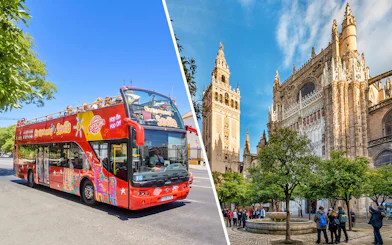 Open-top tour bus in front of Seville's Plaza de Toros.