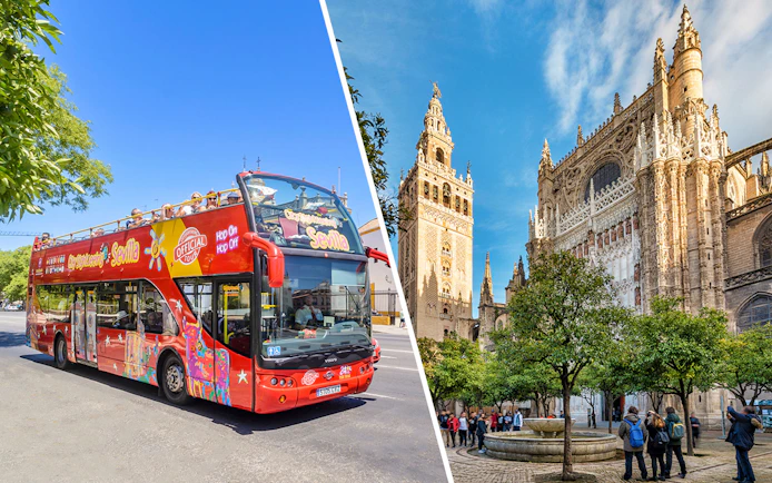 Open-top tour bus in front of Seville's Plaza de Toros.