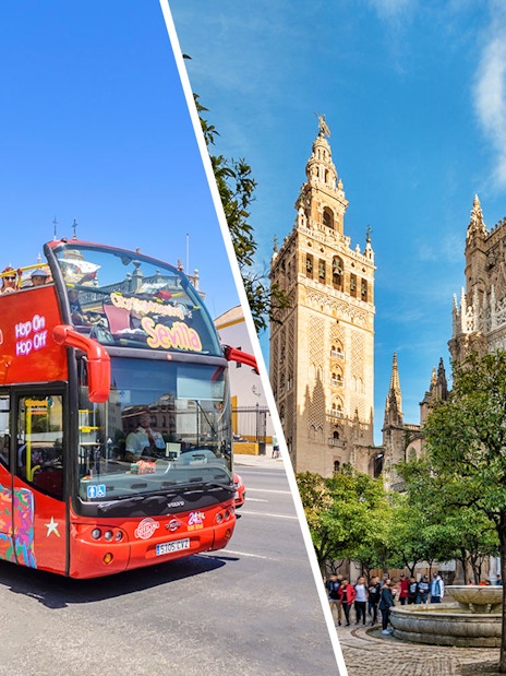 Open-top tour bus in front of Seville's Plaza de Toros.