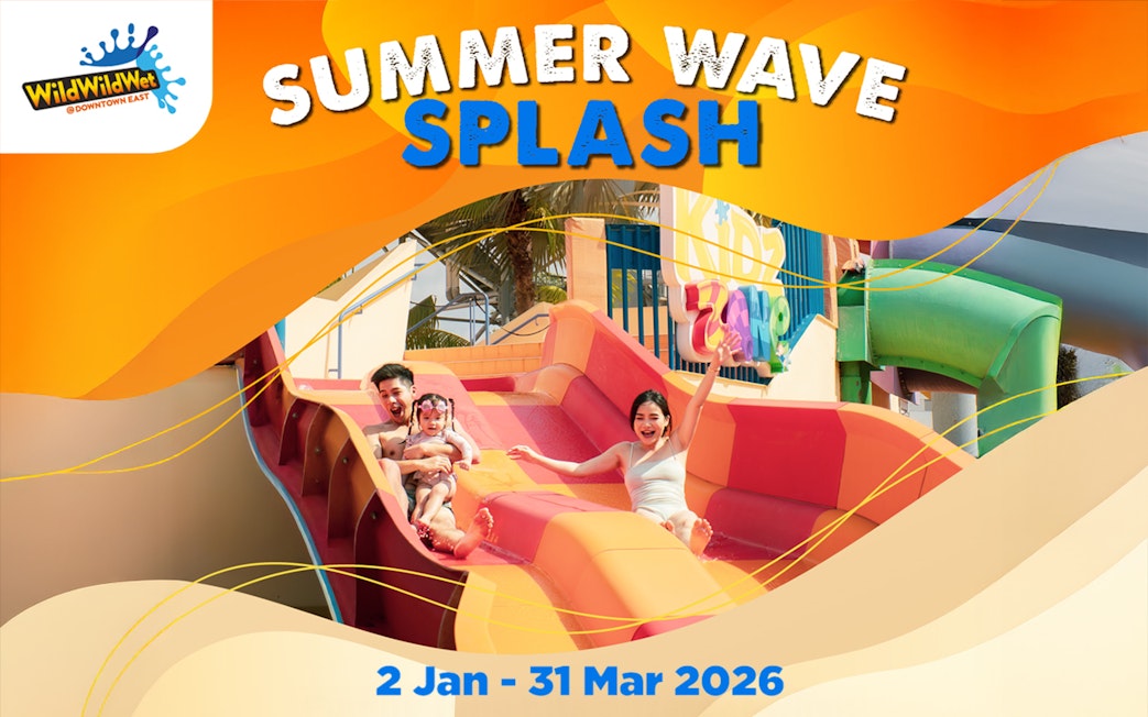 Family enjoying water slide at Wild Wild Wet, Singapore's Summer Wave Splash event.