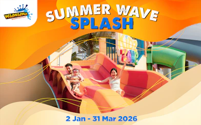 Family enjoying water slide at Wild Wild Wet, Singapore's Summer Wave Splash event.