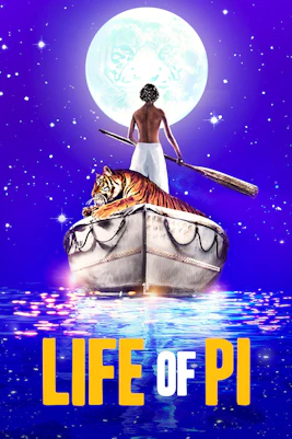 Man and tiger on a boat under a full moon, Life of Pi theme.