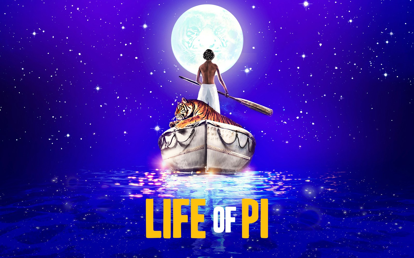 Man and tiger on a boat under a full moon, Life of Pi theme.