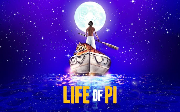 Man and tiger on a boat under a full moon, Life of Pi theme.