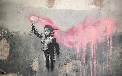 Street art of a child with a pink flare at Banksy Museum, Amsterdam.