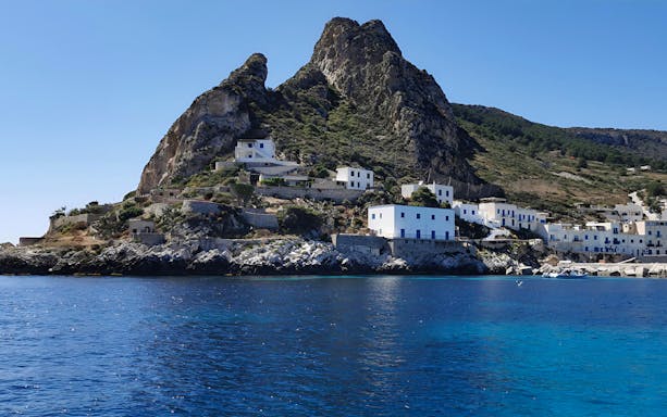 Dinghy approaching Egadi Islands during day trip from Marsala, Italy.