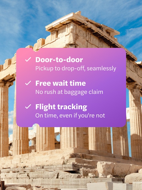 Athens Parthenon with text overlay about private airport transfer benefits.