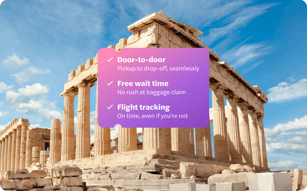 Athens Parthenon with text overlay about private airport transfer benefits.