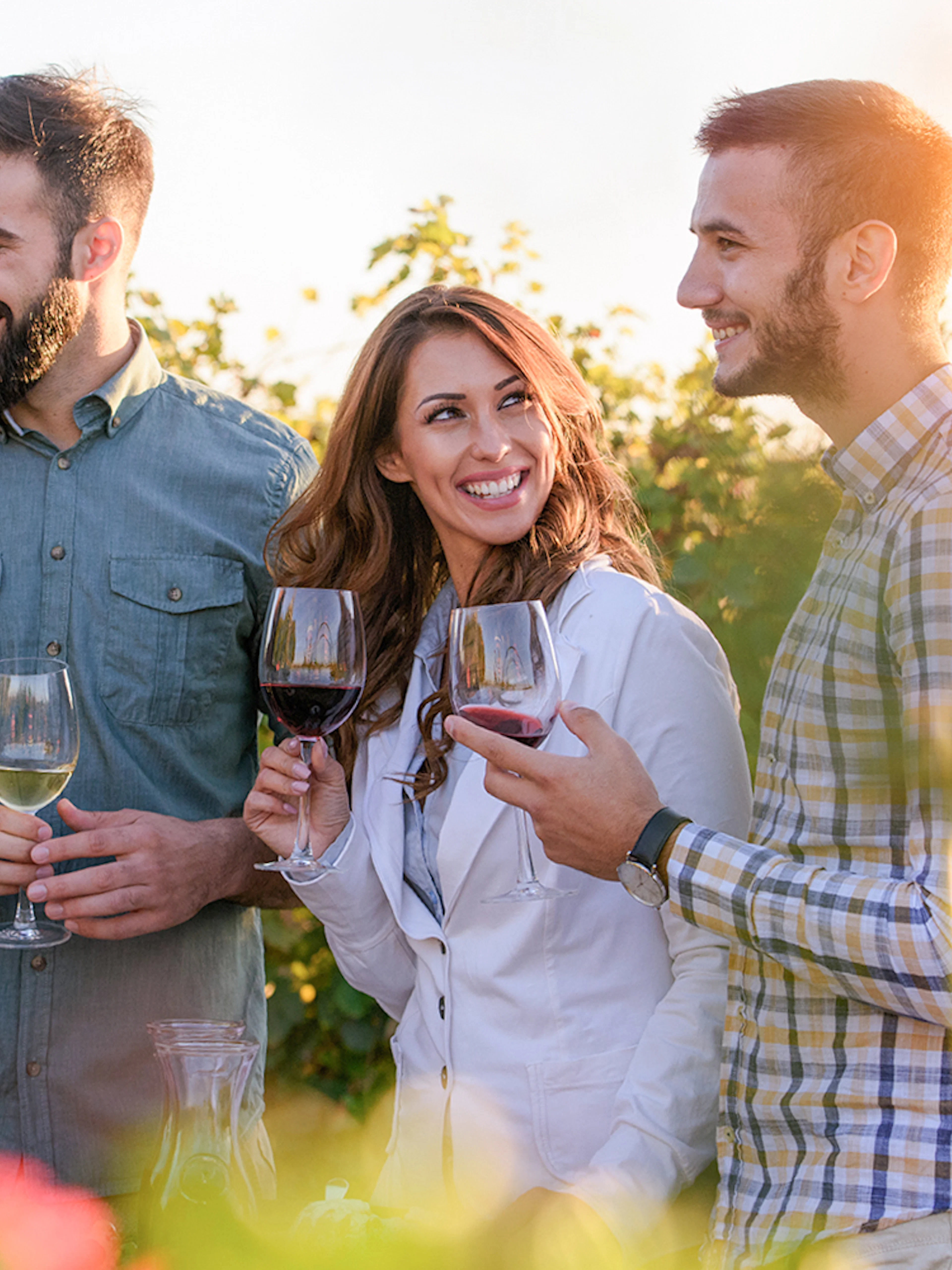 Friends enjoying wine in a vineyard setting.