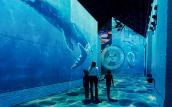 Visitors exploring underwater dinosaur projections at Fabrique des Lumières exhibition.