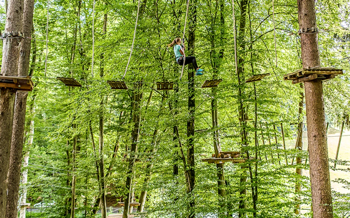 Person navigating ropes course in forest at Ropes Park Interlaken.