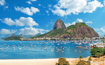 Sugarloaf Mountain and Botafogo Bay with boats in Rio de Janeiro.