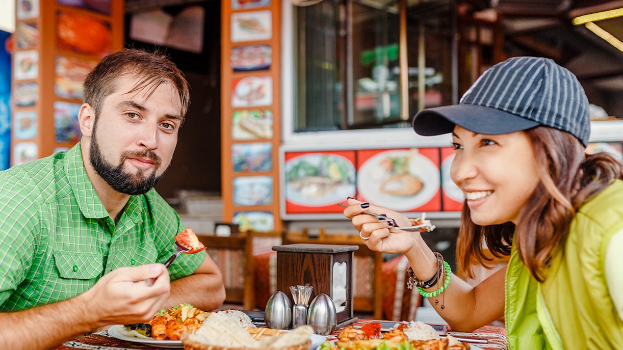 Couple enjoying lunch at a local restaurant during a guided tour of Istanbul Old City.