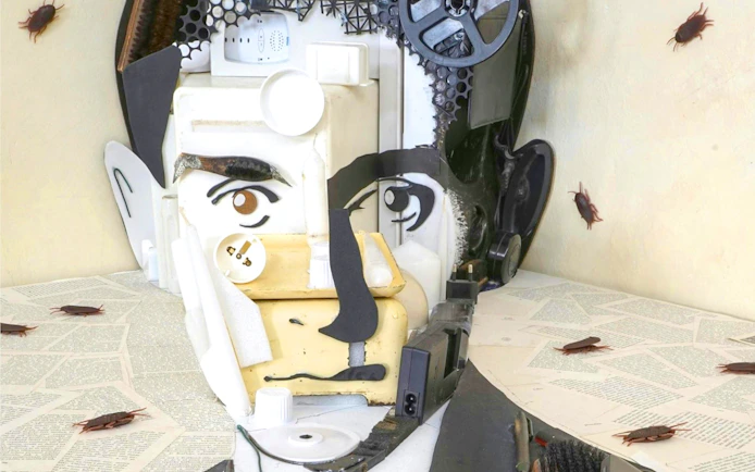 Collage of Franz Kafka's face using everyday objects at IAM Illusion Art Museum, Prague.