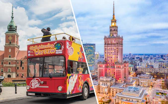 Open-top sightseeing bus near Warsaw's Royal Castle and Palace of Culture and Science.