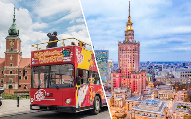 Open-top sightseeing bus near Warsaw's Royal Castle and Palace of Culture and Science.