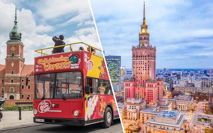 Open-top sightseeing bus near Warsaw's Royal Castle and Palace of Culture and Science.