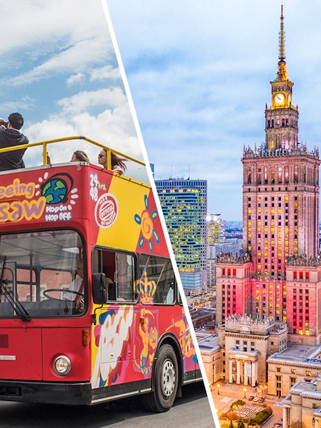 Open-top sightseeing bus near Warsaw's Royal Castle and Palace of Culture and Science.