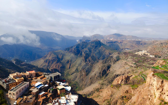 Jebel Akhdar mountain landscape with terraced fields and village, Muscat.