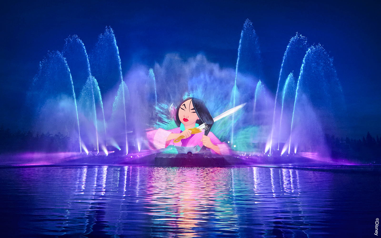 Disneyland World of Frozen Illuminations show with colorful water fountains and character projection.