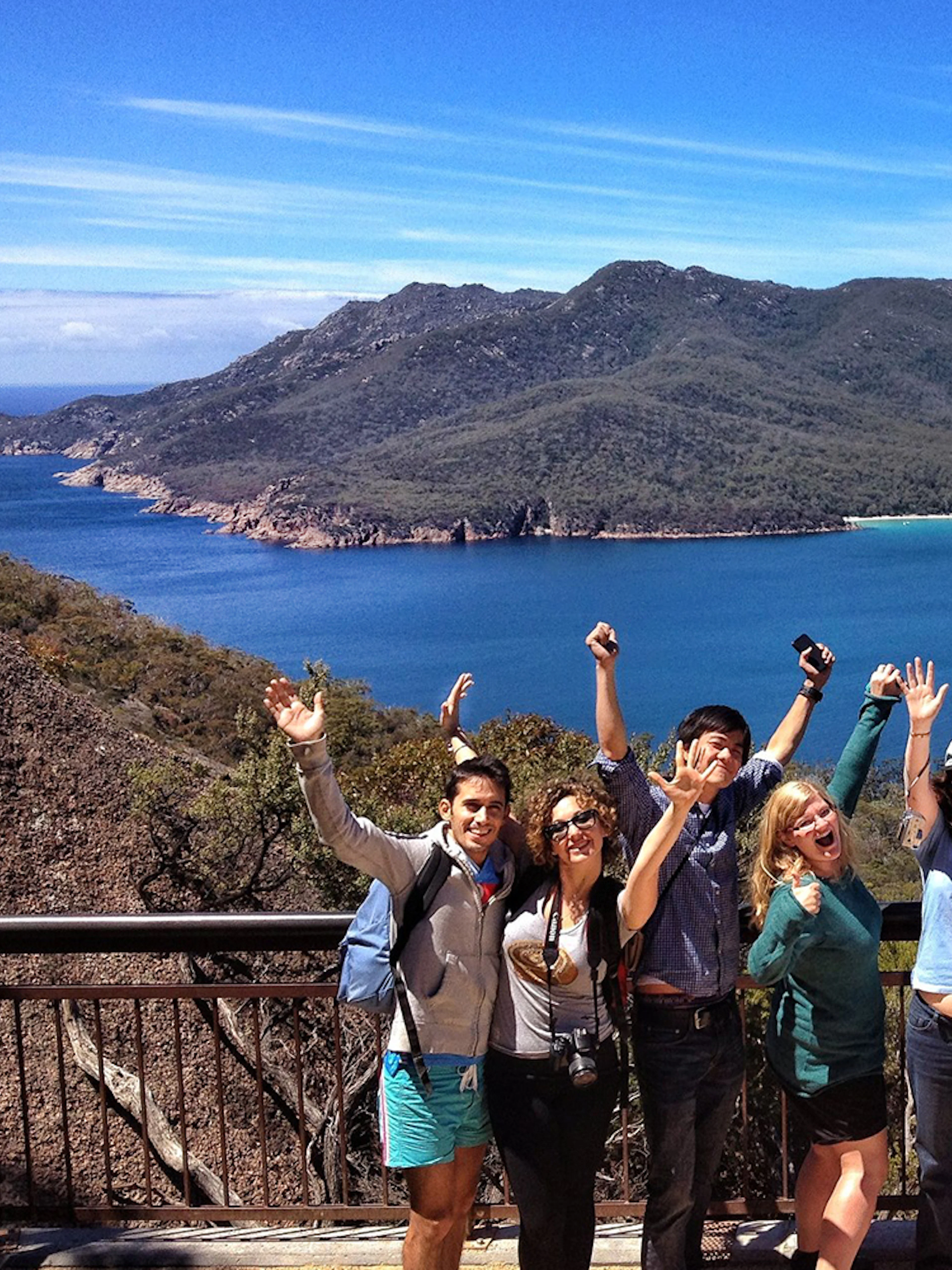 Group enjoying the view of Wineglass Bay on Launceston to Hobart tour.