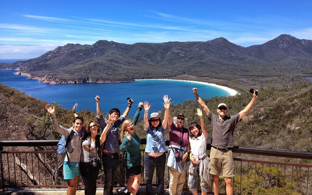 Group enjoying the view of Wineglass Bay on Launceston to Hobart tour.
