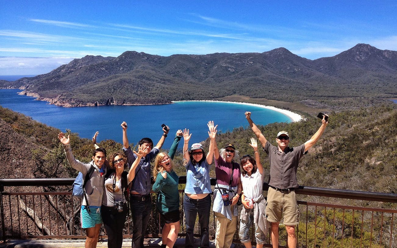 Group enjoying the view of Wineglass Bay on Launceston to Hobart tour.