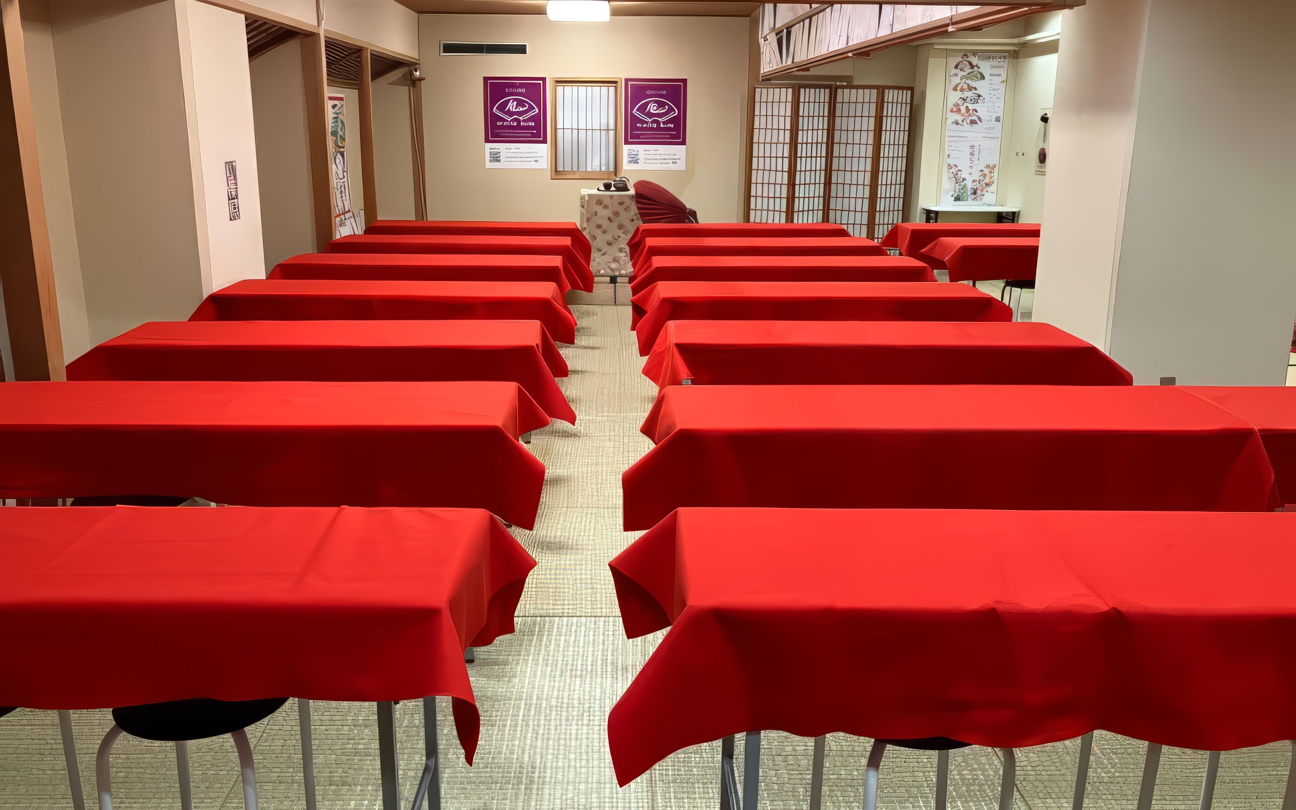 Red tables arranged in rows in a room, set up for an audience event.