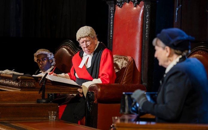 Cast of "Witness for the Prosecution" in courtroom attire during West End show.