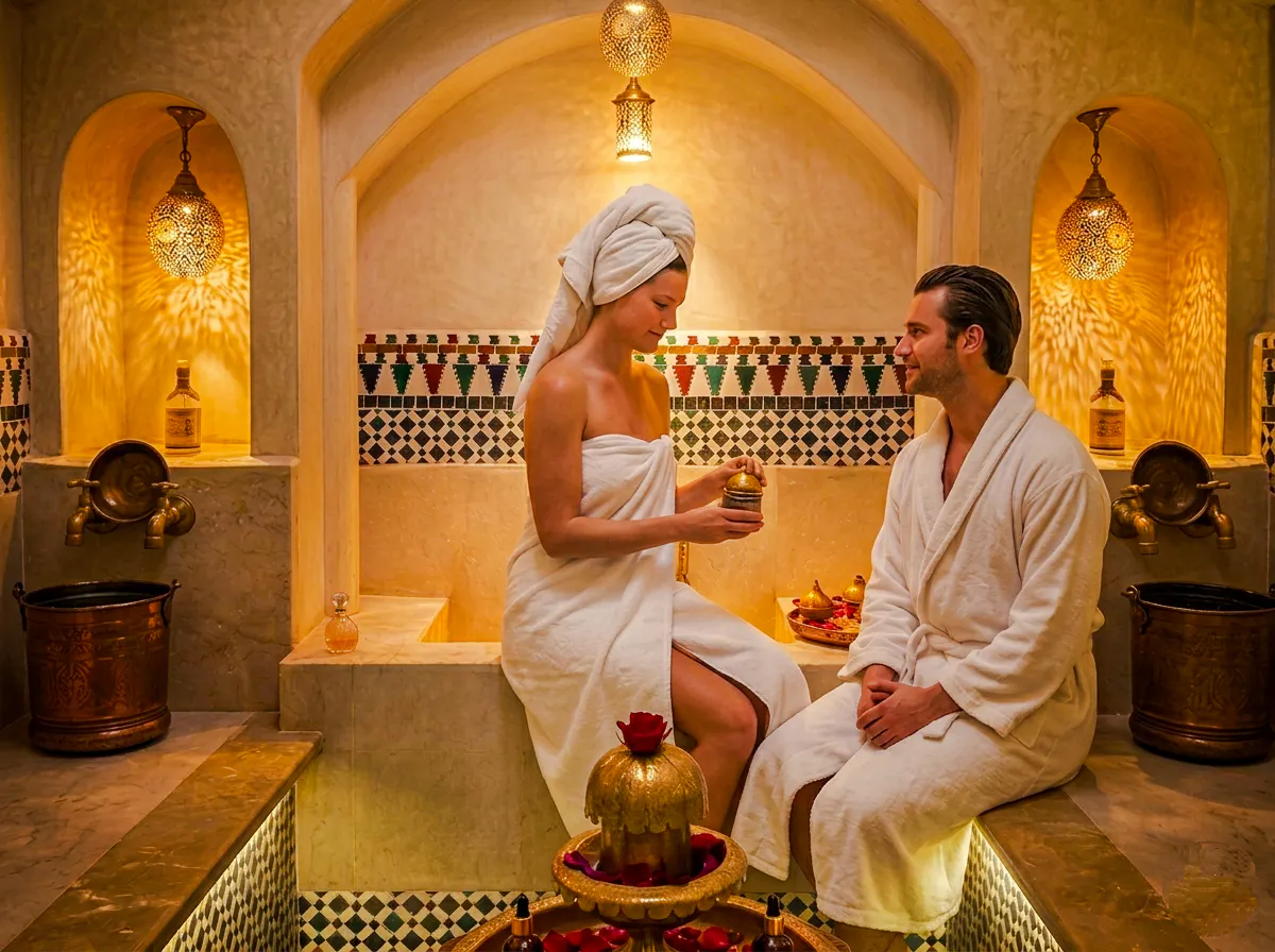 Couple enjoying Moroccan hammam experience in Marrakesh spa setting.