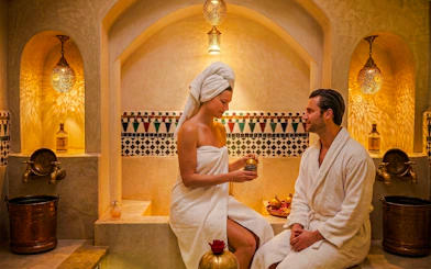 Couple enjoying Moroccan hammam experience in Marrakesh spa setting.