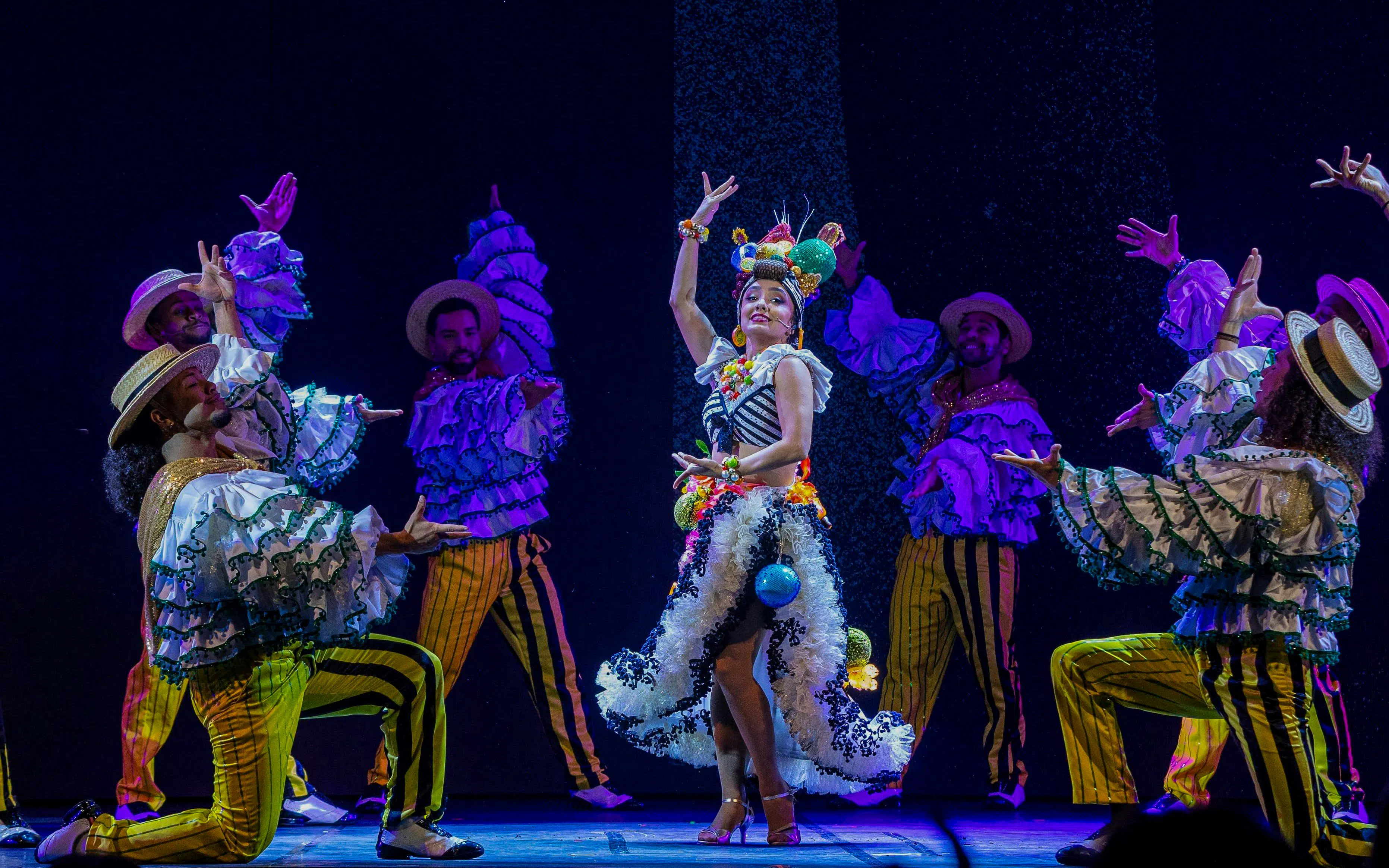Performers in colorful costumes dancing at the Roxy Dinner Show, Rio de Janeiro.