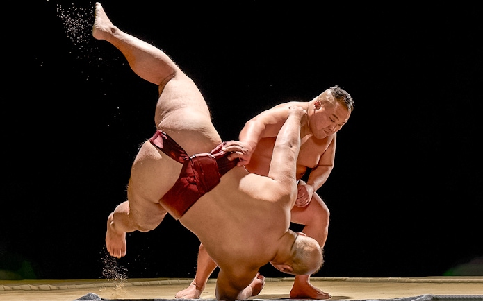 Sumo wrestlers competing at Sumo Hall Hirakuza, Osaka.